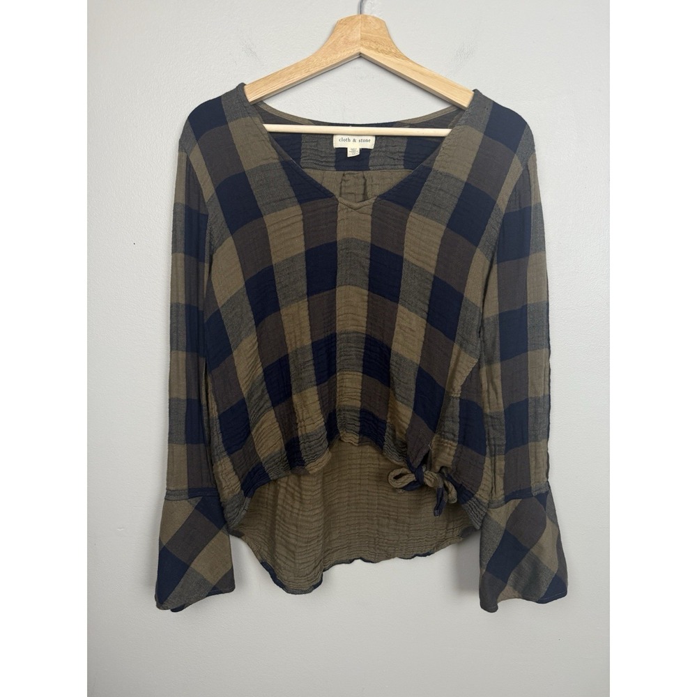 Cloth &‎ Stone Plaid Wrap Blouse Bell Sleeve Boho Indie Y2K Earthy Top Women's M